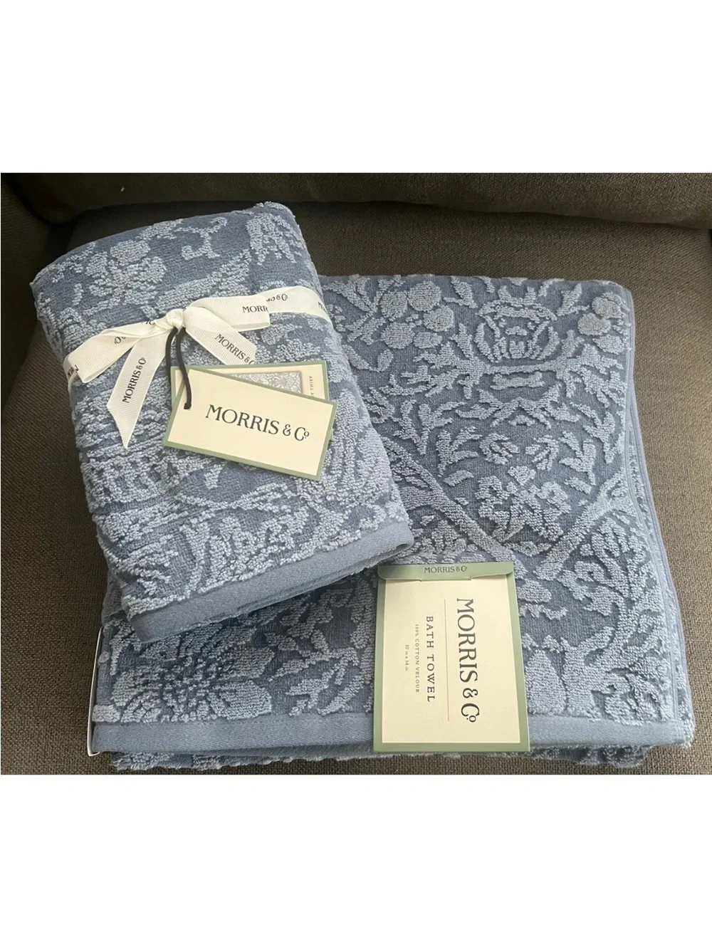 4pc William Morris Co Bath Towels Strawberry Thief blue Velour Towel Set rare